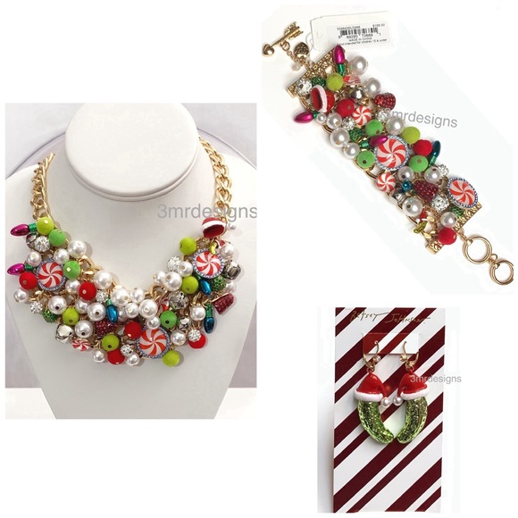 NWT Betsey Johnson 💋CHRISTMAS CANDY Gold Tone Earrings/ Bracelet & Necklace - Picture 2 of 15